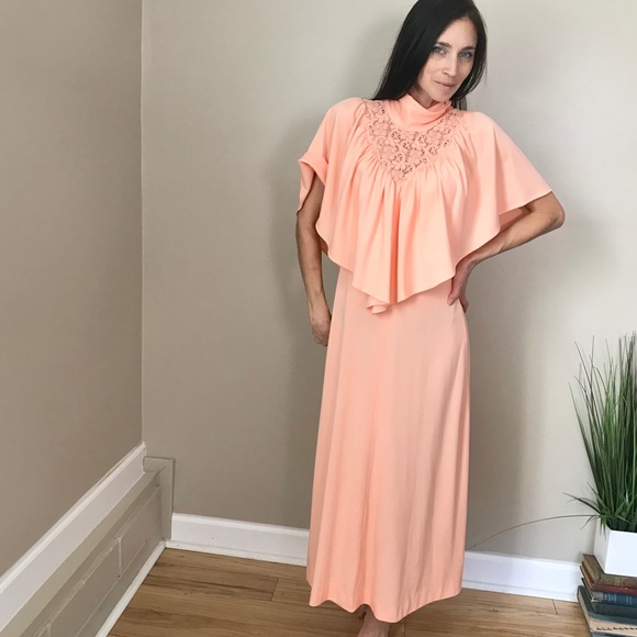 Vintage Dresses & Skirts - Vintage 70’s Peach Capelet Mock Neck Dress